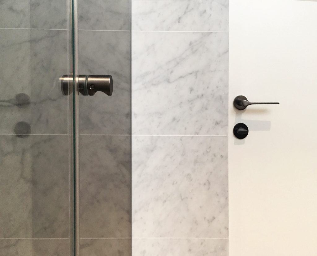 TV Architects Refurbishment Bianco Carrara Marble Bathroom Frameless Doors